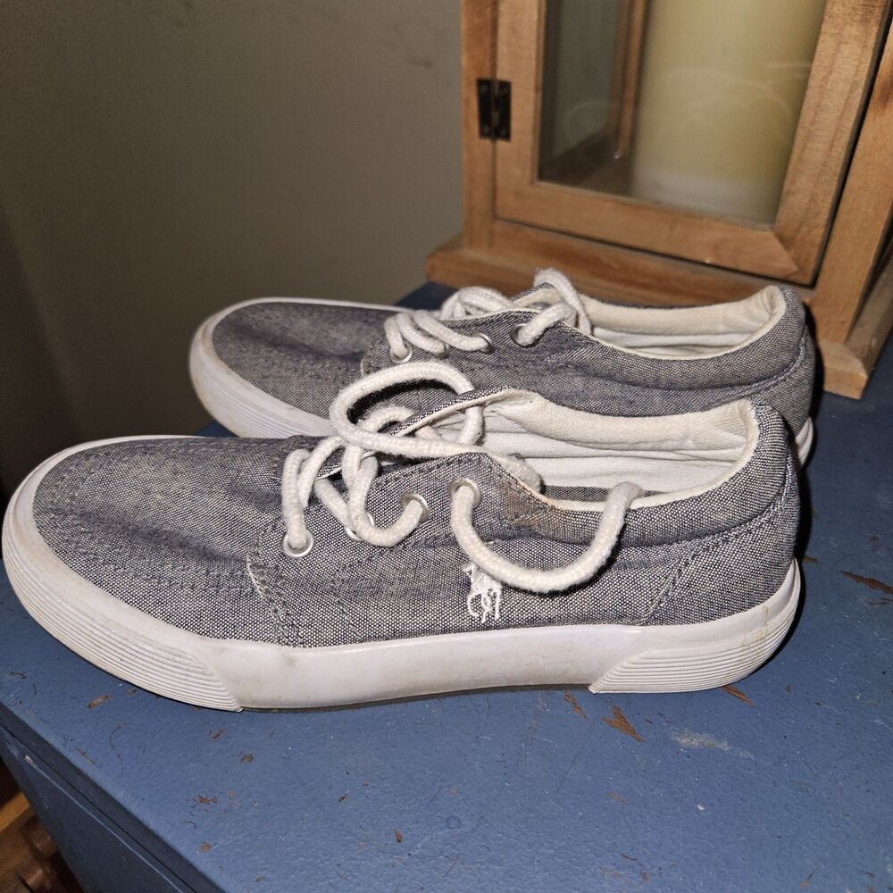 Polo Ralph Lauren Boys Youth Size 13 Gray White Canvas Boat Shoes Loafers Preppy - Picture 5 of 6